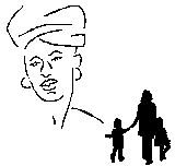 Drawing of a woman's head, and an adult walking hand in hand with a child