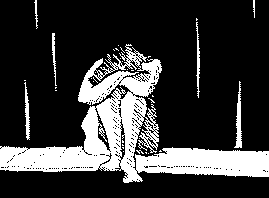 Drawing of a woman sitting on the ground with her head between her knees