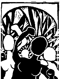 woodcut of black and white people with raised fists